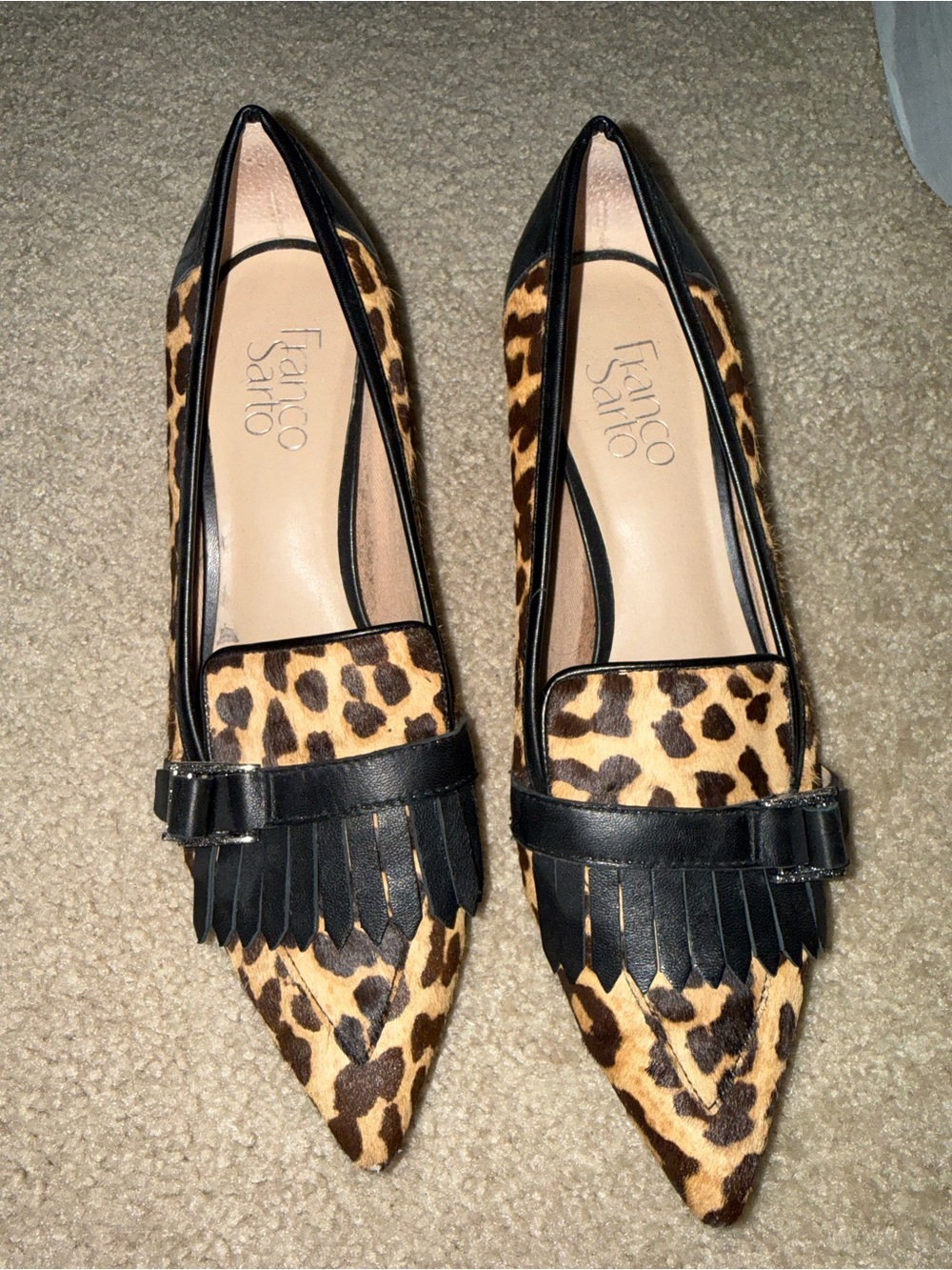 Franco Sarto Leopard Print Pointed Toe Heeled Loafers in Brown and Black